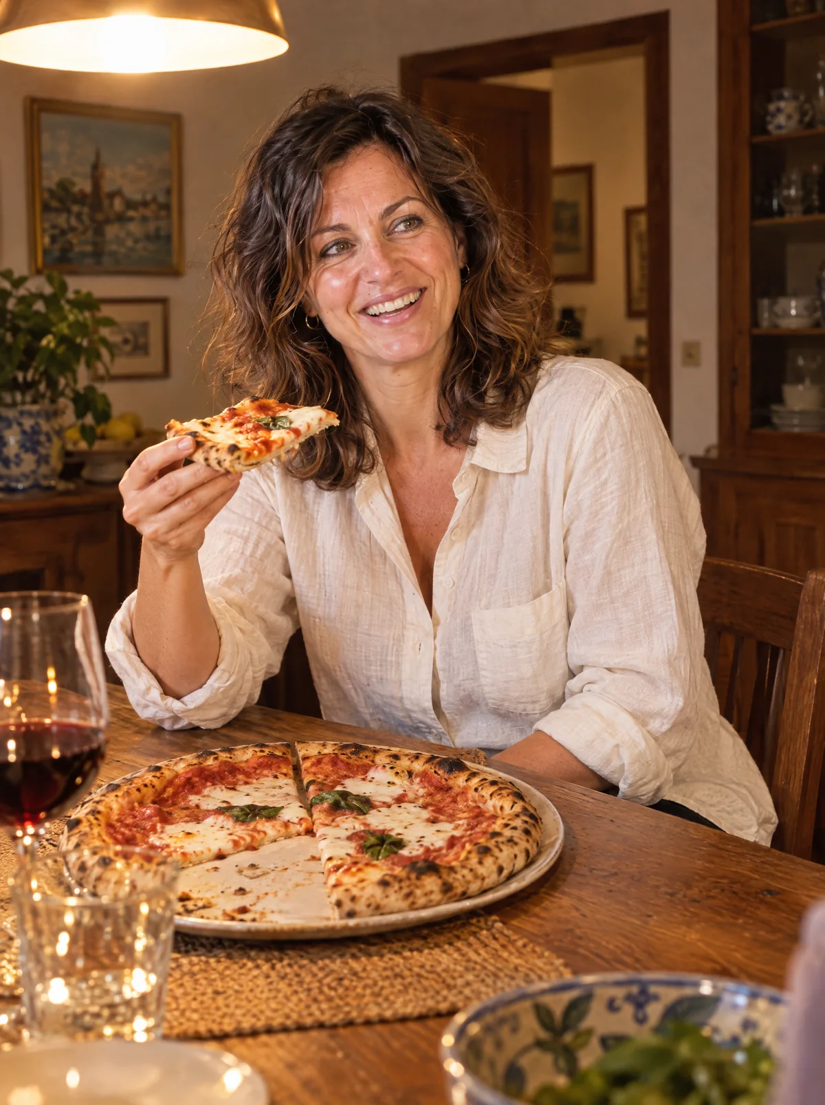 La donna di riferimento ride a tavola, sabato sera, davanti a una pizza margherita